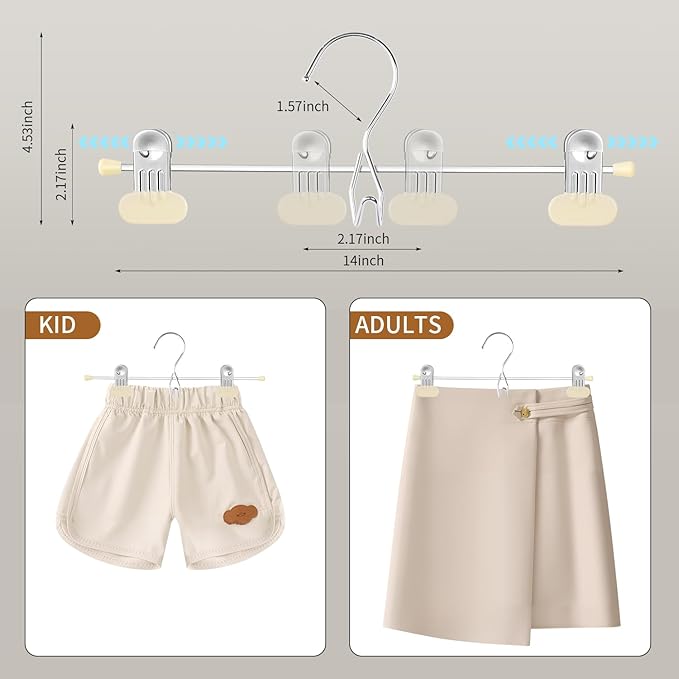 HUADYMEET 14Inch Pants Skirt Hangers Space Saving with Adjustable Wide Clips,Heavy Duty Stackable Non-Slip Metal Clothes Hanger for Men, Women, Jeans, Trousers, Shorts, Slacks,20 Pack（Beige）