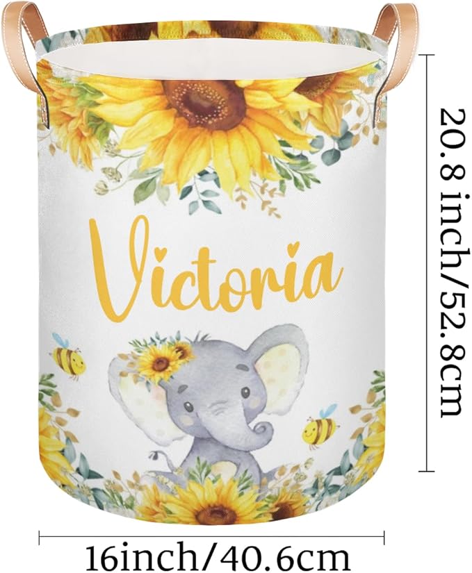 Personalized Laundry Basket, Custom Gift Laundry Hamper, Collapsible Nursery Waterproof Laundry Baskets, Dirty Clothes Toy Hamper with Handles Garden Sunflowers Elephant