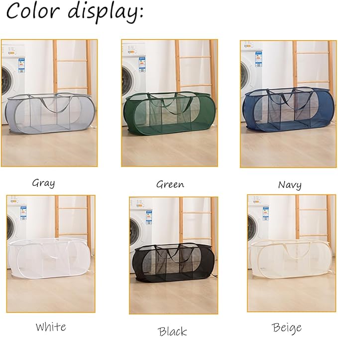 Mesh Laundry Hamper Basket, Sturdy 3 Compartments Laundry Basket, Foldable Pop up Laundry Hamper with Side Pocket for Laundry Room, Bathroom, Kids Room, College Dorm or Travel, Beige
