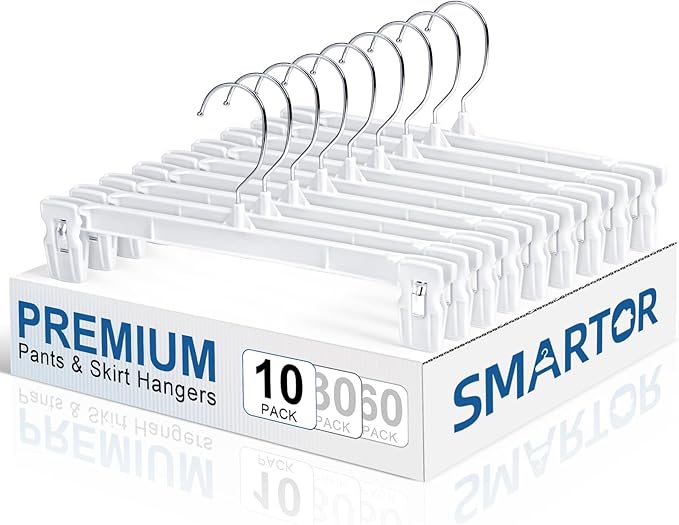Smartor Skirt Hangers | Pants Hanger with Clips | 10 30 60 Pack Available | Space Saving| Durable| Strong Clips| Pant Hanger for Men| White Hangers Clips for Women Shorts, Jeans, Slacks - 10 Pack