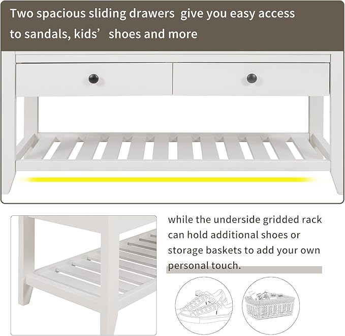 Harper & Bright Designs TREXM Shoe Rack with Cushioned Seat and Drawers, Multipurpose Entryway Storage Bench (White)