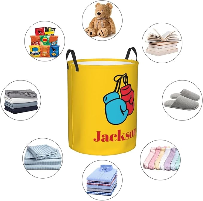 Personalized Laundry Basket for Nursery, Custom Nursery Laundry Hamper with Name, Customize Baby Clothes Circular Hamper for Boys Girls Room Decor, Fighting Gloves