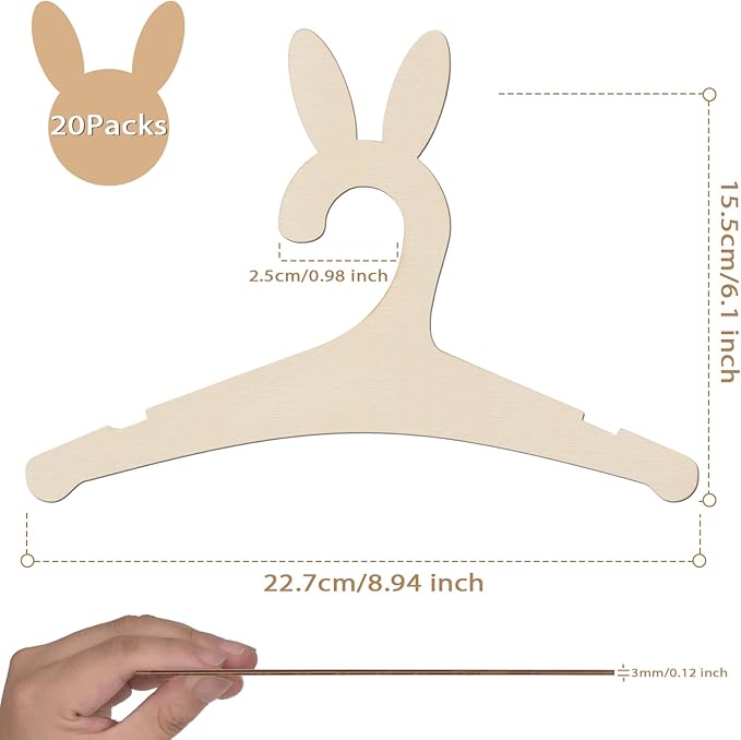 20 Pack Wooden Bunny Ears Newborn Baby Girl Boy Hangers for Nursery, 9 Inch Kids Toddlers Children Infant Hangers for Baby Shower Crate Closet Clothing Storage