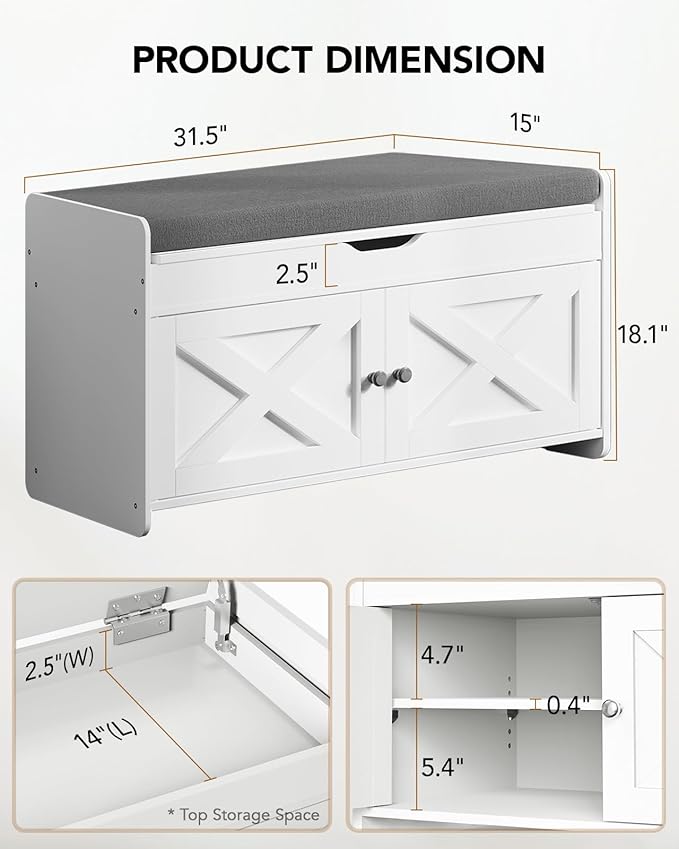 Amada Shoe Storage Bench with Cushioned Seat, 31.5" Small Entryway Bench with Lift Top Storage, Adjustable Shelves, 300 lb Capacity Shoe Bench for Entryway, Bedroom, Living Room, Classic White