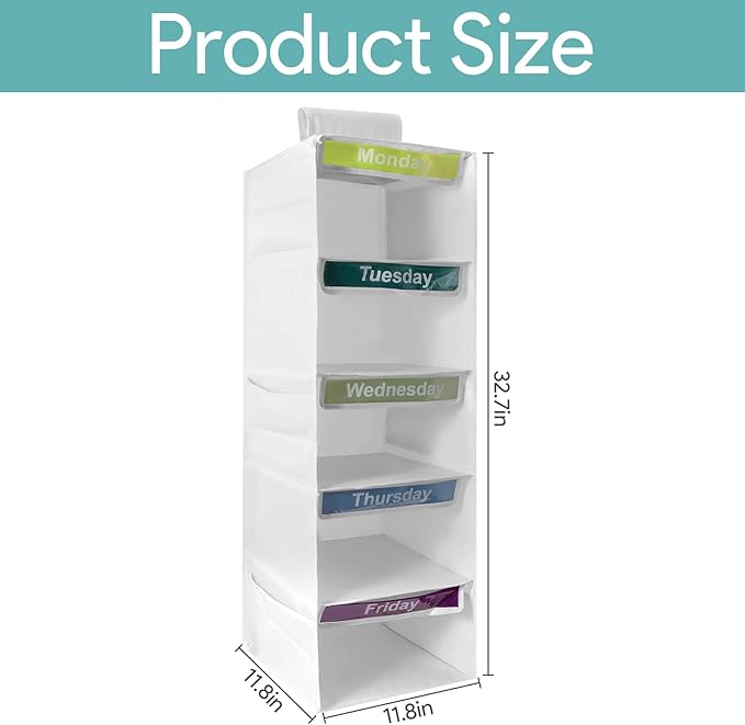 5-Shelf Weekly Clothes Organizer for Kids, Collapsible Hanging Closet Shelves, Baby Closet Organizers and Storage with 6 Side Pockets, Daily Clothing Divider for Boys and Girls (White)