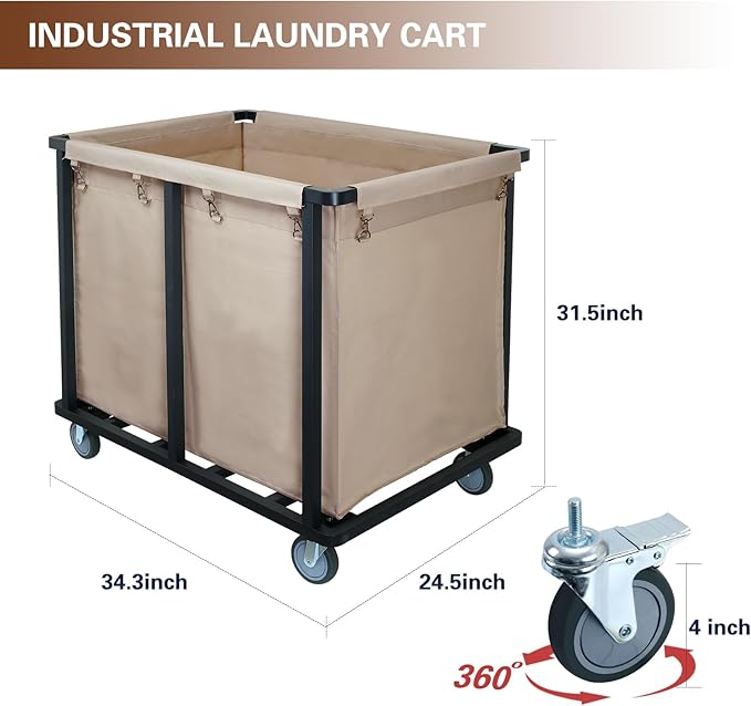Commercial Laundry Cart with Wheels,600 lbs Industrial Laundry Hamper with Steel Frame and Oxford Cloth Bag,Commercial Laundry Hamper for Home,Hotel,Housekeeping,400L(Khaki)