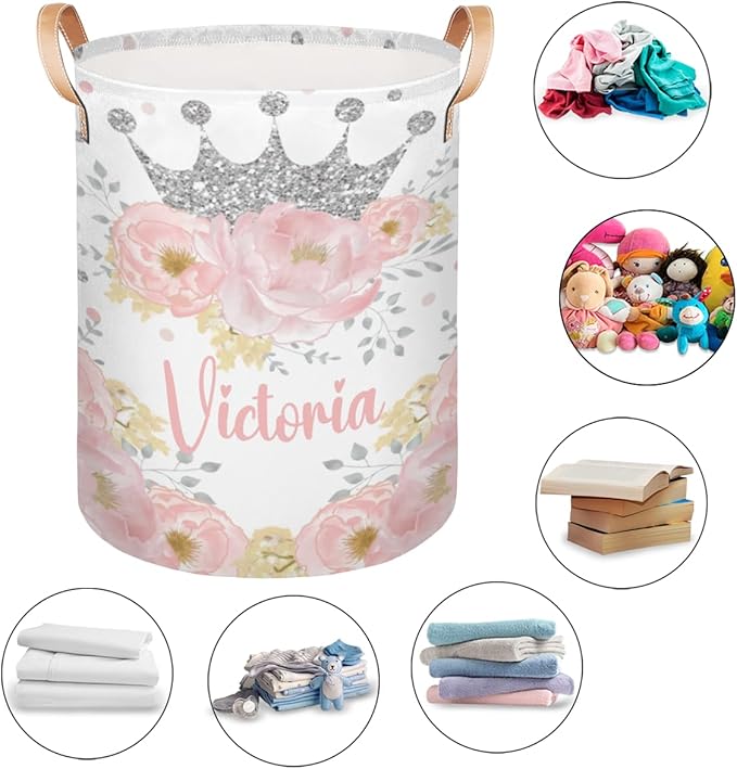 Personalized Laundry Basket, Custom Gift Laundry Hamper, Collapsible Nursery Waterproof Laundry Baskets, Dirty Clothes Toy Hamper with Handles Floral Silver Crown