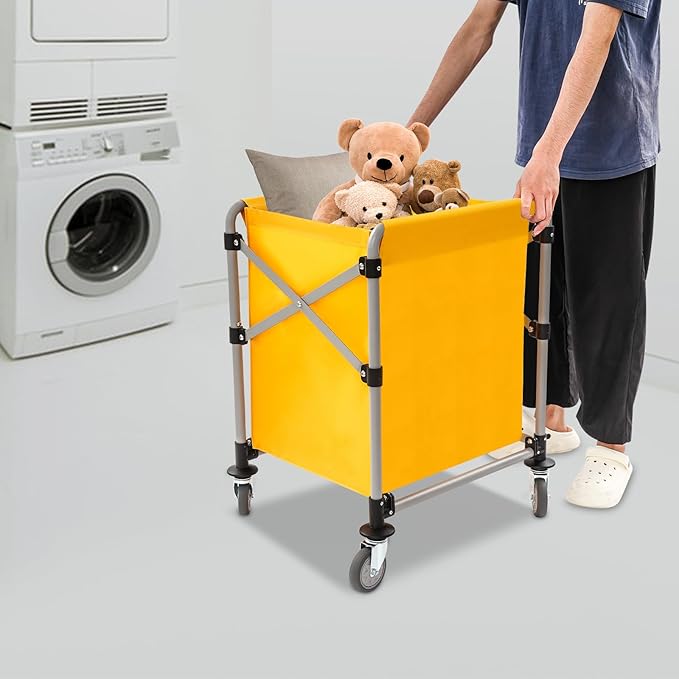 Commercial Laundry Cart, Laundry Basket with 360° Swivel Casters, Folding Laundry Cart Hamper on Wheels Heavy Duty Steel Frame 220 lbs Capacity Large Rolling Laundry Baskets Trucks (Yellow)