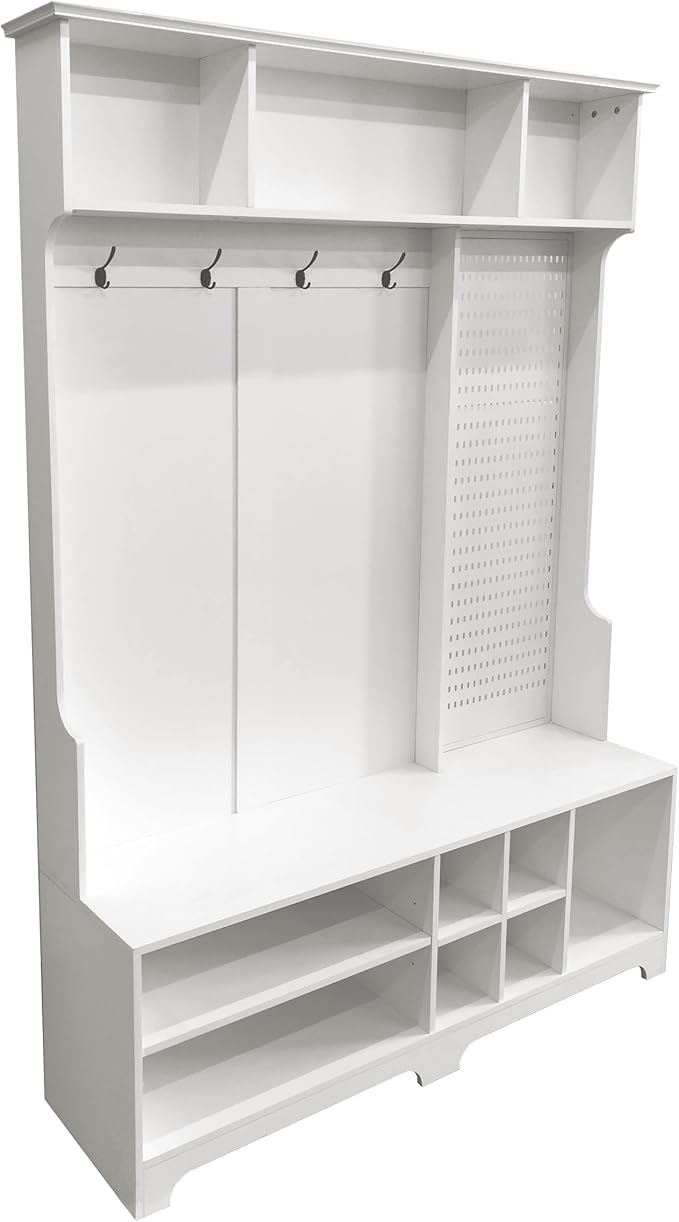 4-in-1 Wide Hall Tree with Shoe Bench, Coat Rack, Shoe Storage, Storage Shelves and Pegboard, Wood Entryway Coat Hanger for Hallways Halls Living Room (White-757)