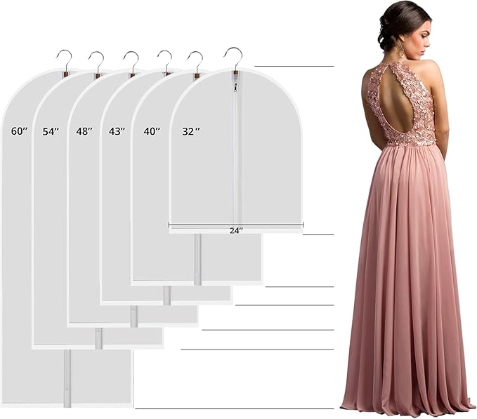 12 Pack Long Garment Bags (24x60") - Dustproof Gown Covers - Durable PEVA Hanging Bags with Sturdy Zipper for Maxi Dresses, Long Coats & Dance Costumes (Translucent)