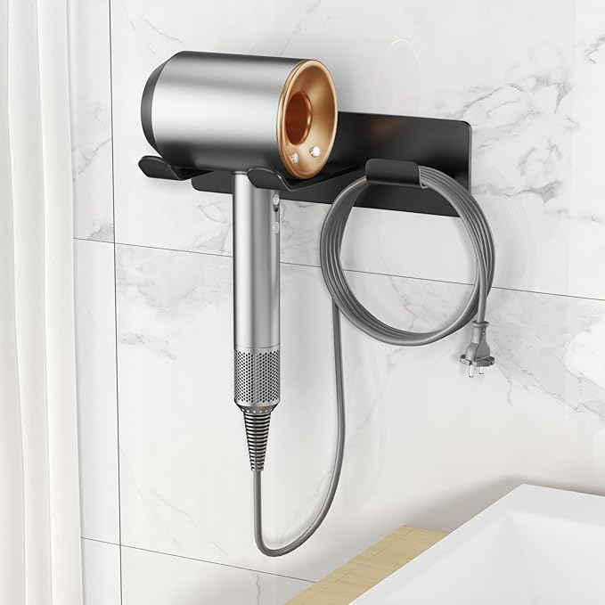Hair Dryer Holder Wall Mount Compatible with Dyson Hair Dryer, 304 Stainless Steel Hair Dryer Blow Diffuser Holder Organizer Adhesive for The Bathroom Black