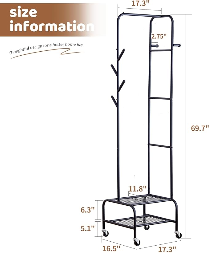 FILWH Rolling Coat Rack with Storage Shelf Freestanding Coat Rack Hall Tree with 6 Hooks for Entryway, Bedroom Metal Clothes Hanger Stand for Hats, Jackets, Bags,Shoes (Black, Double-layer)