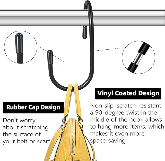 24 Pack Purse Hanger for Closet, Twist Design Hooks, Vinyl Coated Organizer, Large S Hooks for Hanging Bags, Purses, Handbags, Belts, Scarves, Hats, Black