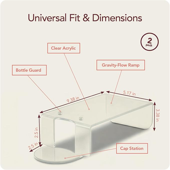 Liquid Laundry Detergent Dispenser Riser Organizer - 2 Pack Clear Acrylic Holder with Gravity Flow Base and Cap Station, Universal Fit Stand Keeps Bottles Stable and Clean, Easy Wipe Care