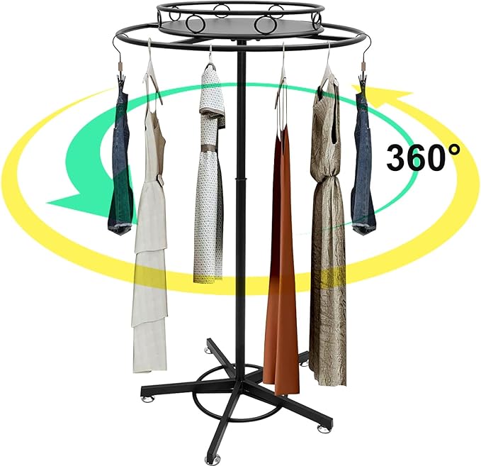 Rotatable Round Garment Rack, Floor Standing Iron clothes Hanging Rack with Topper, Suitable for Large Shopping Malls Retail, Clothes Boutique Display Laundry Rooms Multi-Purpose Hanging (Black)
