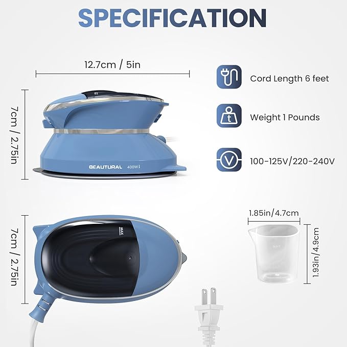 BEAUTURAL Mini Travel Steam Iron for Clothes with Dual Voltage, Non-Stick Soleplate, One Temperature Technology, Detachable Water Tank, Ideal for Sewing, Quilting and Handcraft