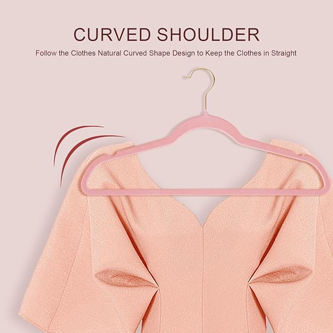 36 Packs Velvet Clothes Hangers, 17.3 Inches Non-Slip Skirt Hangers, Sturdy Dresses Hangers with Shoulder Notches, Space Saving Clothing Hangers for Adults Pink - Gold Hook