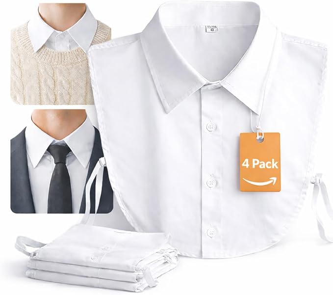 4 Pack Detachable Dickey Collar Blouse for Women, Fake White Collar Shirt, Faux Shirt Collared Bib for Under Sweater