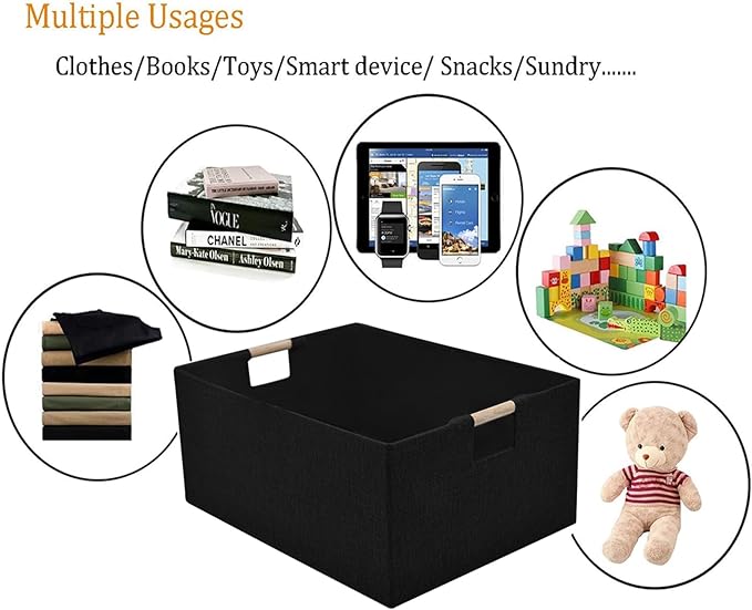 Fabric Storage Basket for Shelves, Collapsible Storage Bins with wood Handles, Rectangle Closet Baskets, Wardrobe Organiser, for Sorting Clothes, Family Items (Black) (2)