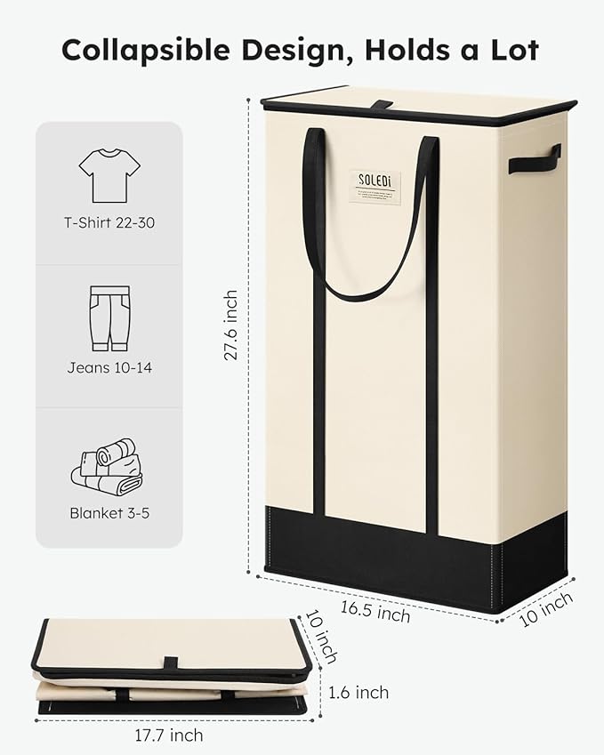 SOLEDI 75L Slim Laundry Basket with Lid,Collapsible Narrow Laundry Hamper Handles,Tall Skinny Dirty Clothes Hamper for Laundry Room,Dorm,Bathroom,Bedroom,and Small Spaces, 75L Beige