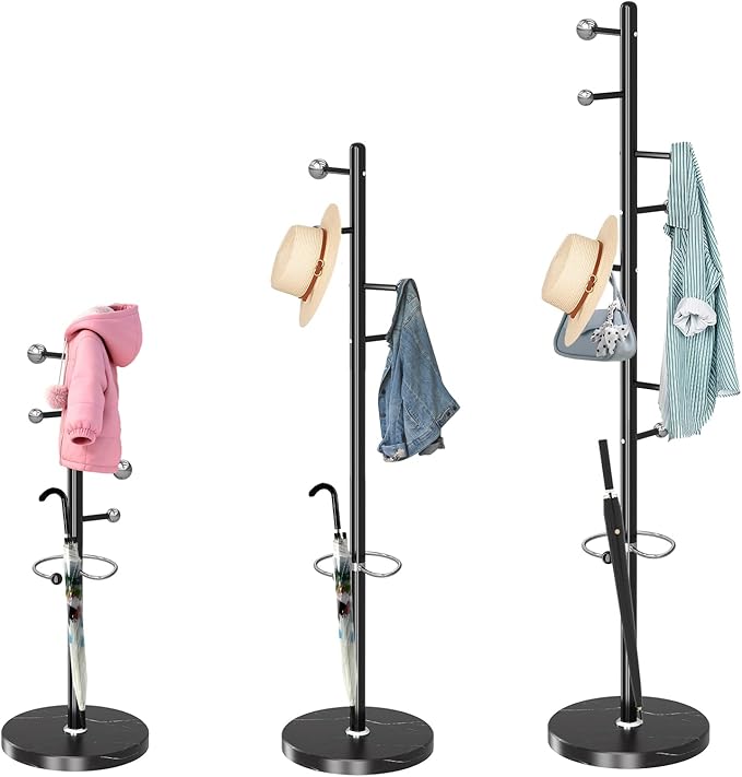 ZOZOE Metal Coat Rack Stand, Modern Coat Rack Freestanding with Natural Marble Base, Sturdy Industrial Coat Racks with 8 Hooks & Umbrella Holder,Black Coat Tree Hanger Stand for Entryway,Office