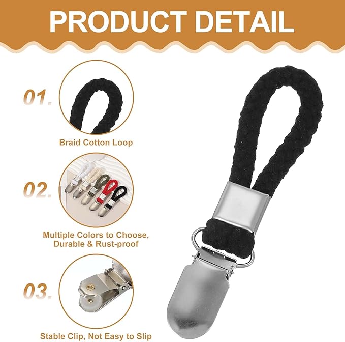 uxcell 4 Pcs Tea Towel Clips with Cotton Loop for Hanging, 4.3 Inch Metal Towel Hooks Multipurpose Cloth Hangers for Home Kitchen Bathroom, Black