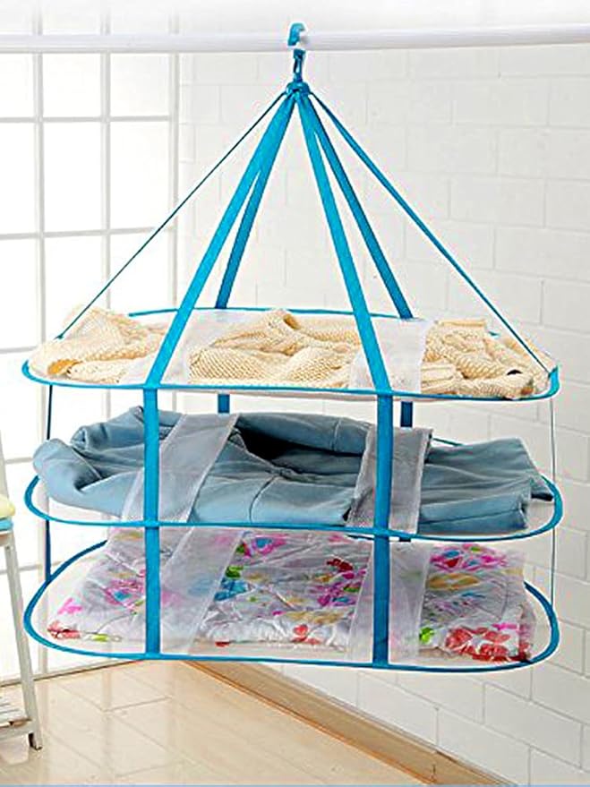 2-3 Tier Folded Mesh Clothes Drying Rack, Stackable Sweater Drying Rack, Portable Hanging Laundry Racks with Fixing Band for T-Shirt, Swimsuit, Underwear(Color:2 Tier)