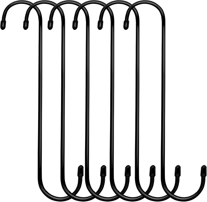 6 Pack 10 inch Extra Large S Hooks Black Heavy Duty Long S Hooks for Hanging Plant Extension Hooks for Kitchenware,Utensils,Pergola,Closet,Flower Basket,Garden,Patio,Indoor Outdoor Uses