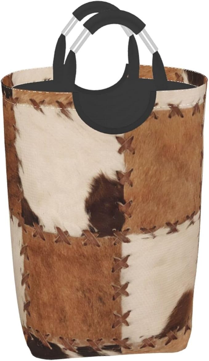 Brown Cow Print Laundry Basket Cowhide Laundry Hamper Animal Collapsible Baskets with Handle Dirty Clothes Hamper Bag for Dorm Family Bathroom Decor Storage 50L