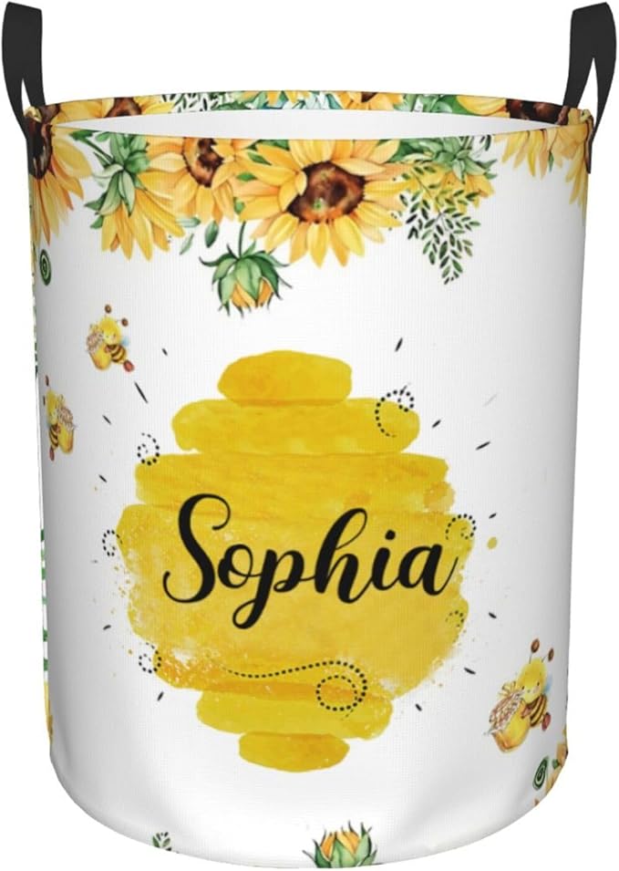 Personalized Laundry Basket for Nursery, Custom Nursery Laundry Hamper with Name, Customize Baby Clothes Circular Hamper for Boys Girls Room Decor, Bee