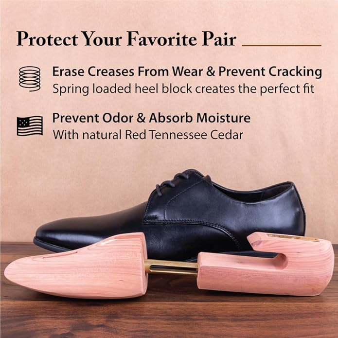 FootFitter Men’s Cedar Shoe Trees, Full Block, Wide Heel, Aromatic Moisture‑Absorbing Shoe Shaper, Premium USA Cedar (LE11)