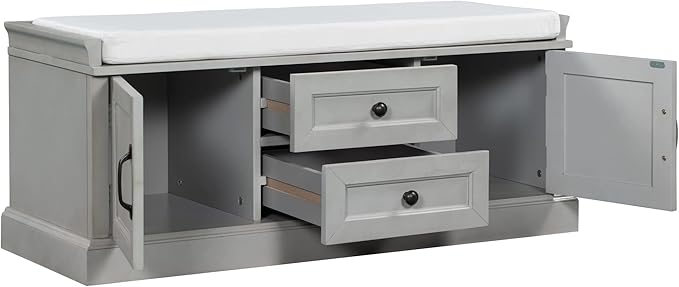 Knocbel 42.5" Entry Storage Bench with Removable Cushion, 2 Drawers and 2 Cabinets, Entryway Hallway Foyer Shoe Bench End of Bed Bench with Aluminum Handles, 200lbs Weight Capacity (Gray Wash)