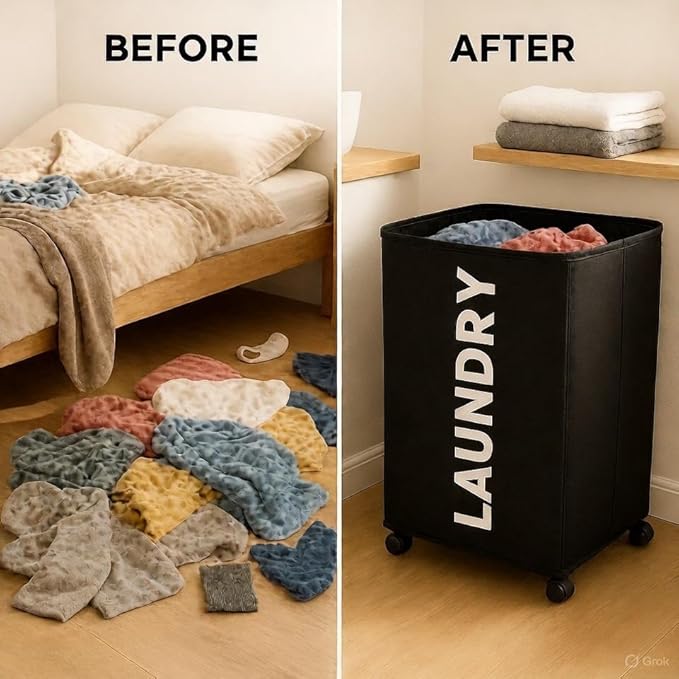 75L – Lockable Wheels Laundry Basket – Support Rods & Box Base – Tall Slim Laundry Hamper – Clothes Hamper – Rolling Cart on Wheels – Heavy Duty Black Laundry Basket – Bathroom, Bedroom & Dorm