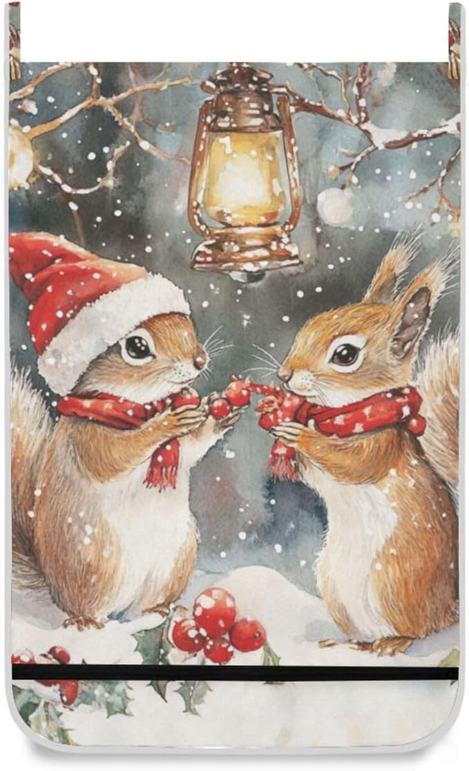 Christmas Squirrels Watercolor White Door Hanging Laundry Hamper Bag with Free Adjustable Stainless Steel Hooks Dirty Clothes Hamper Extra Large Over the Door Laundry Hamper 29.5X20inch 2Pack