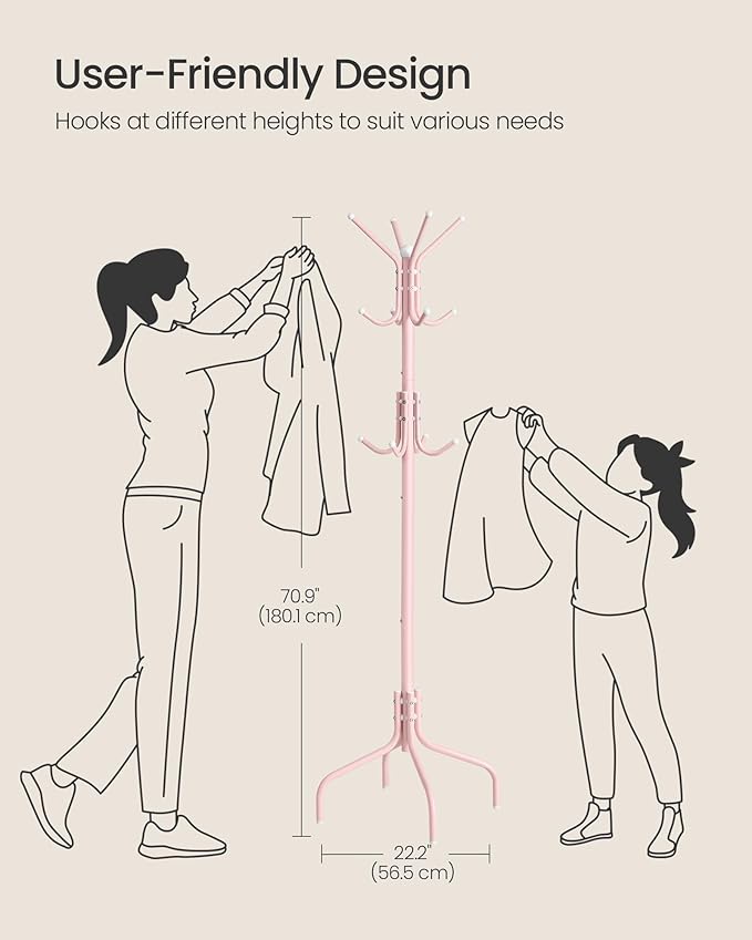 SONGMICS Coat Rack Freestanding, Metal Coat Rack Stand with 12 Hooks and 4 Legs, Holds Clothes, Hats, and Bags, for Entryway, Living Room, Bedroom, Jelly Pink URCR031R01