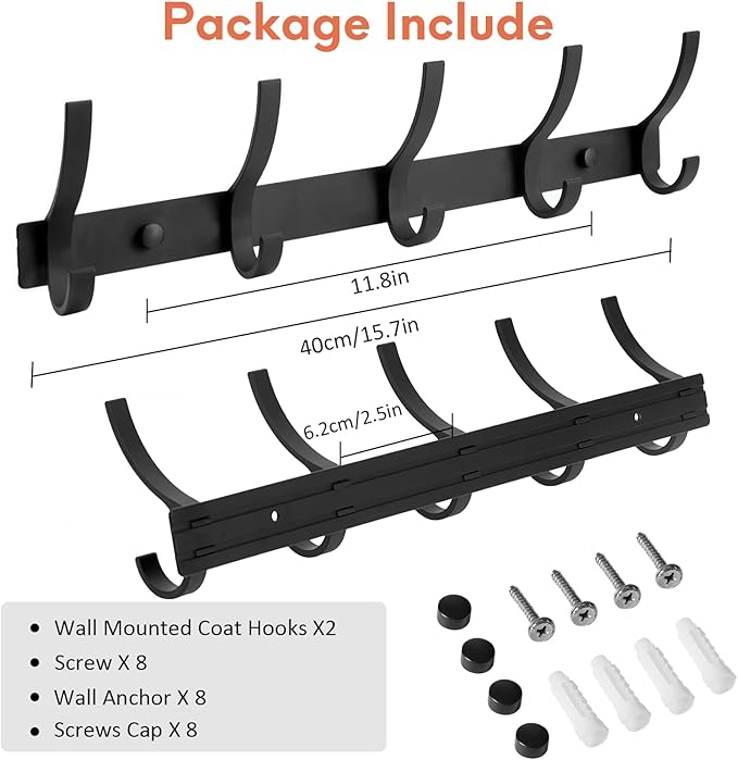 Coat Rack Wall Mount, Coat Hook Wall Mount, Wall Hooks for Hanging, Hat Rack for Walls, Coats Hanger with 10 Hook, Towel Hooks for Bathrooms (2 Pack, Black)