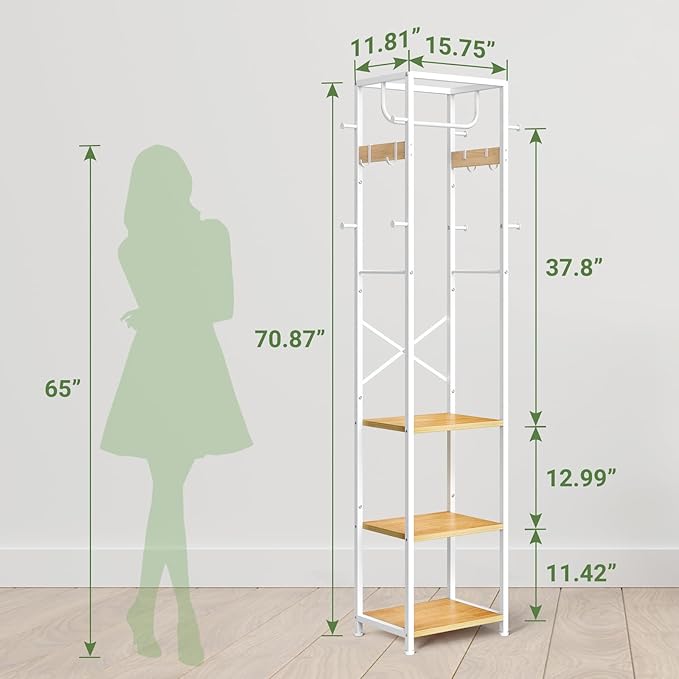 ELYKEN Coat Rack Freestanding, Hall Tree with 3 Storage Shelves and 12 Hooks, Industrial Clothes Rack Stand Organizer for Bedroom, Hallway, Entryway, Office, Living Room