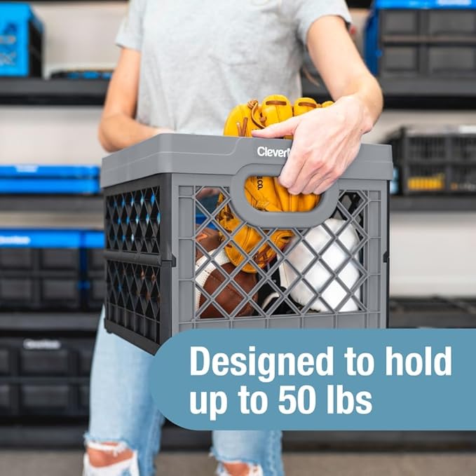 CleverMade Collapsible Milk Crate 25L (6.6 Gal), 50 lb Heavy Duty Folding Crate – Stackable Storage Crates with File Rails, Plastic Collapsible Crates for Storage - Obsidian