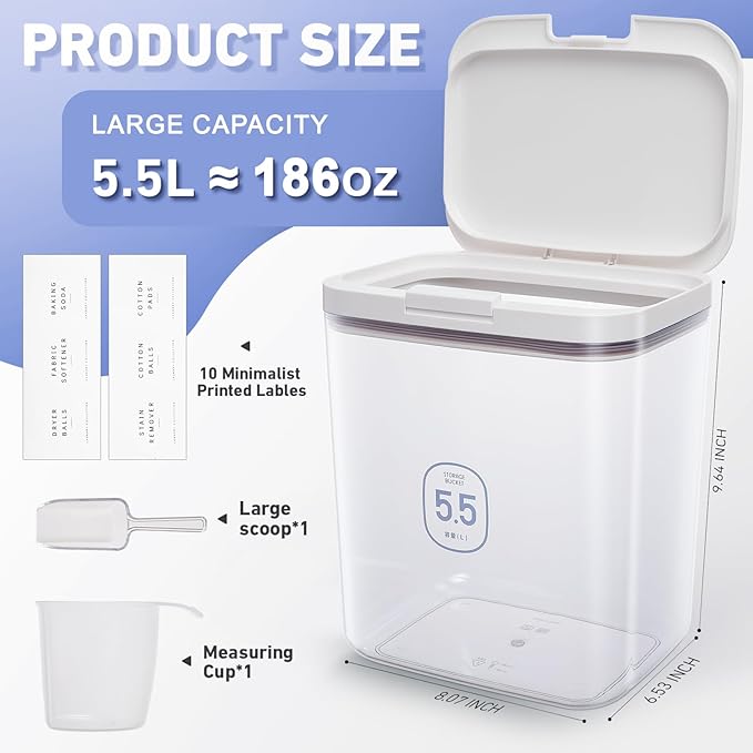 Large Capacity Laundry Powder Container With Pop-Up Lid, 5.5L Detergent Holder for Laundry Pods and Airtight Dishwasher Pod, Storage Container for Dry Food, Rice Flour with Scoop and Measuring Cup