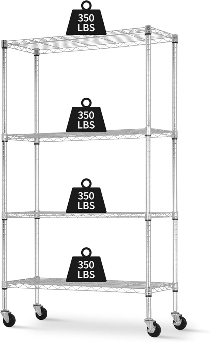 YRLLENSDAN Storage Shelves with Wheels, Heavy Duty 4 Tier Garage Storage Rack, Adjustable Wire Shelving Unit, Metal Shelf Organizer for Pantry, Kitchen, Basement, 36" W x 14" D x 62" H, Chrome