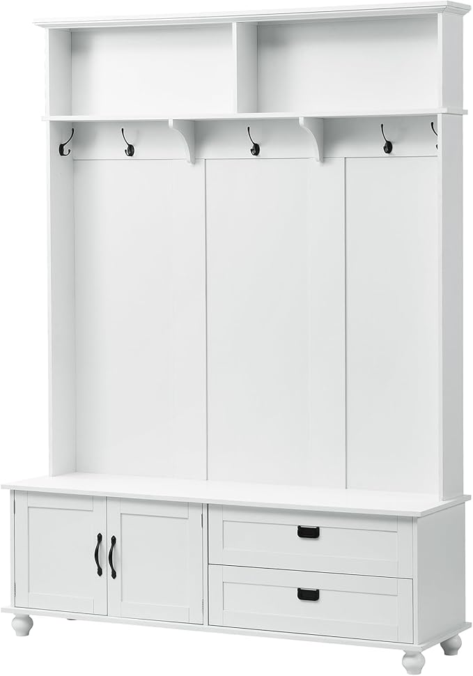 80.3" Tall Hall Tree with Storage Cabinet and 2 Large Drawers, Modern Wooden Coat Hanger with 5 Coat Hooks and 2 Open Shelfs, Storage Bench, Entryway Bench