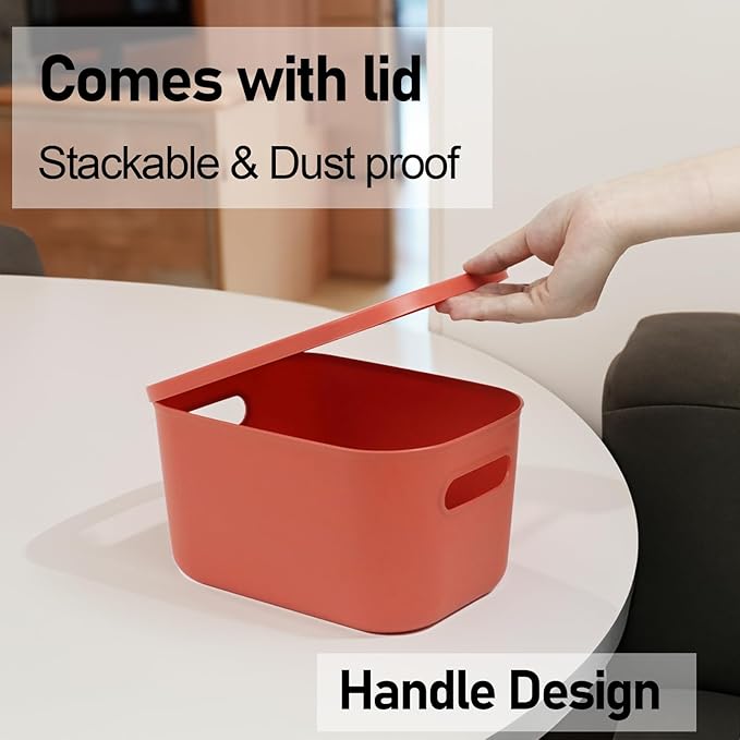 6Pcs Small Storage Bins with Lids, Stackable Plastic Organizer Bin Storage Containers for Organizing, Shelf Baskets for Pantry Cabinet Shelves Desktop Freezer Drawer Organization (6 Color, Small)