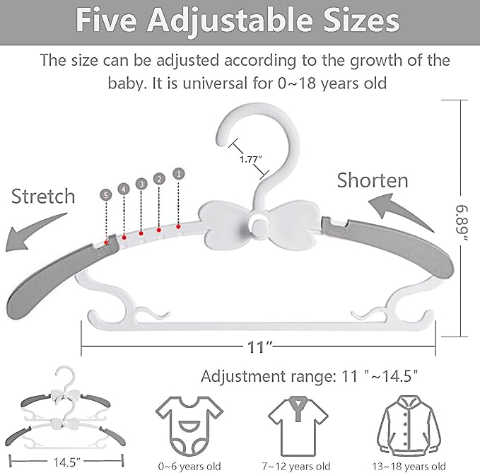 Kids Hangers for Closet, 50 Pack Baby Clothes Hanger, Adjustable Toddler Hangers for Boy Nursery, Cascading Plastic Perchas for Newborn Babies Children Infant, Space Saving Perchas Bebés, Grey
