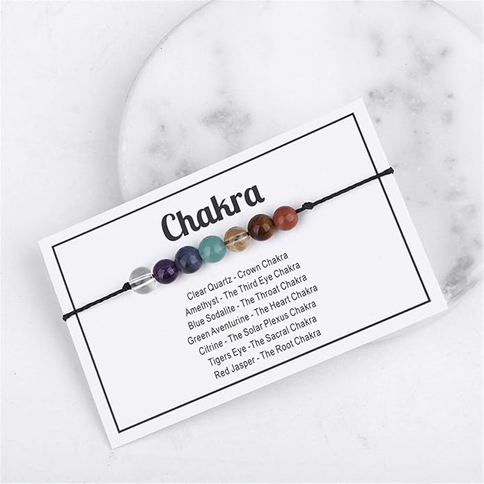 Caiyao Chakra Crystal Tiger Eye Bead Bracelet with Wish Card for Women Adjustable Spiritual Stone Braide String Bracelet Yoga Meditation Jewelry Gift