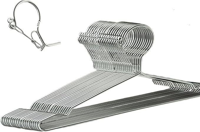 16.5” Wire Hanger 4mm Lockable Hangers 20Pack Stainless Steel Slim Thin Heavy Duty Windproof Lock Hook Metal Space Saving Clothes Hotel Hangers for RV Silver (20)