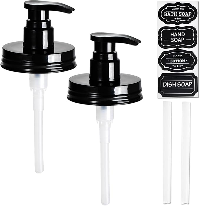 Amolliar Plastic Mason Jar Soap Dispenser Lids(2) - Universal Pump Replacement for Regular Mouth Jar - Long Tubes & Cute Lables -Farmhouse Decor for Kitchen, Bathroom, Dish Soap, Lotions, Hand Soap