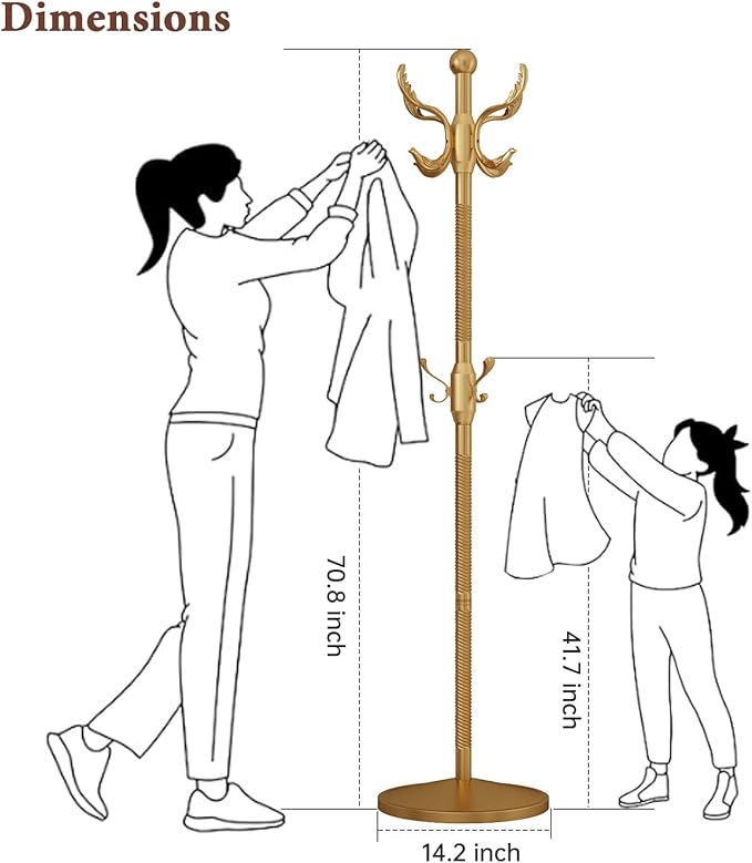 Metal Coat Rack Stand Coat Rack Freestanding with 12 Hooks Sturdy Heavy Duty Modern Coats Tree for Bags Clothes Hall Tree Hats Hanger Holder Stand for Entryway Bedroom Hallway Office, Gold