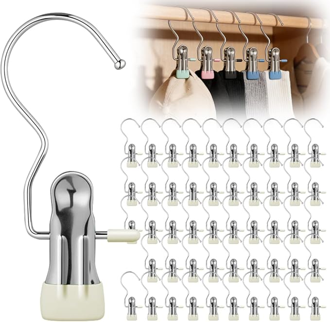 50 Pcs Heavy Hanger Clips for Closet, Multi Functional Clips with Hook for Hanging Clothespin, Hook Hangers with Clips for Clothes Pants Hats Socks and Boots (Beige)