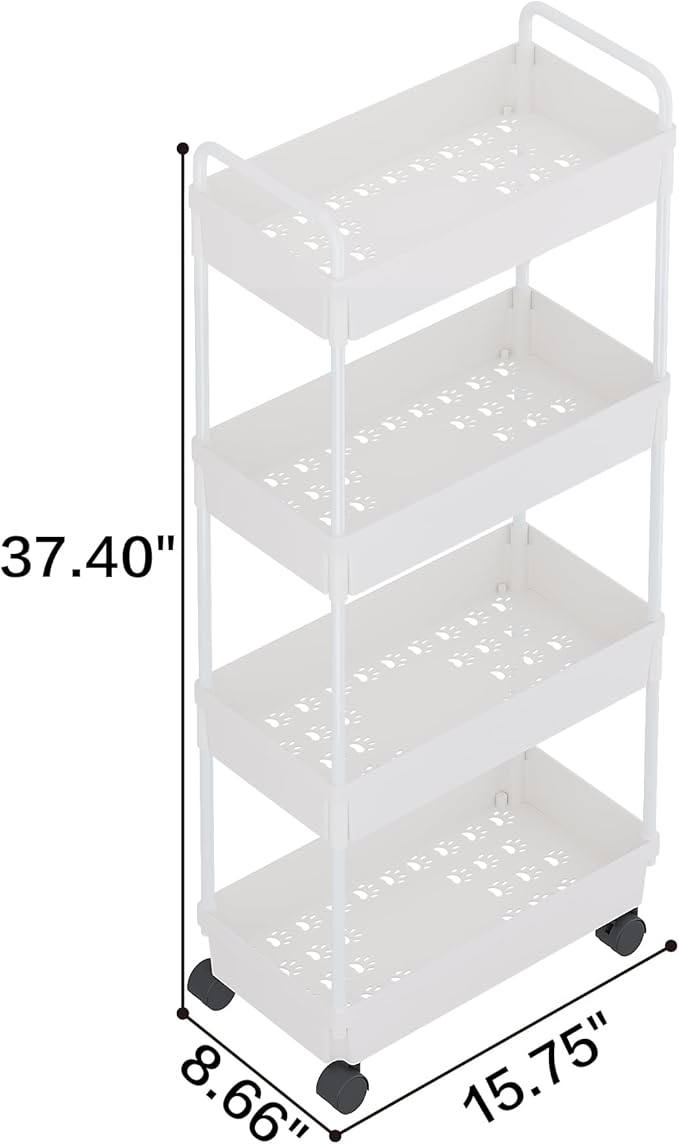 Buzowruil Rolling Storage Cart 4 Tier Organizer Mobile Shelving Unit Storage Rolling Utility Cart with Wheels for Kitchen Bathroom Laundry,White