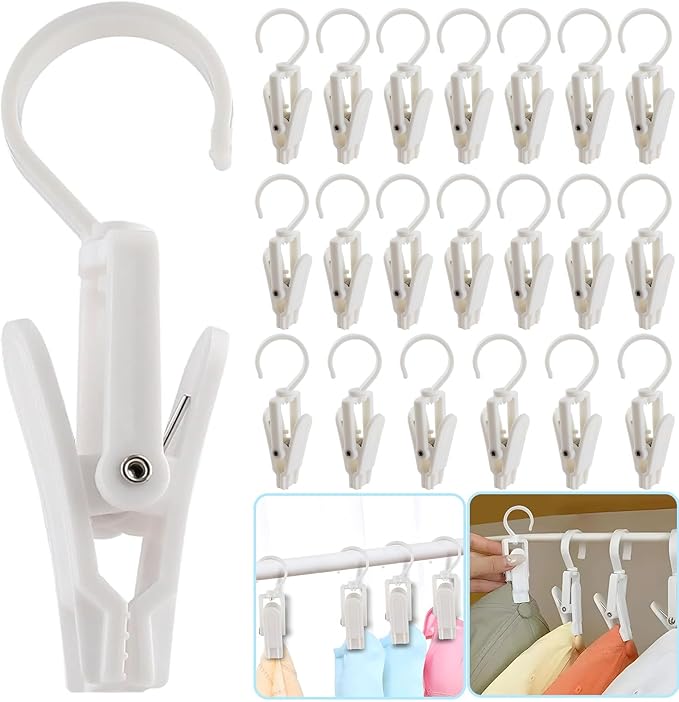 VinBee 20 PCS Laundry Hooks with Clips Super Strong Plastic Home Travel Swivel Hanging Hanger Closet Organizer Clamps Socks Boot Bras Towels for Bathroom Wardrobe Kitchen Office - 4.3 Inches (White)